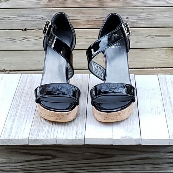 Stuart Weitzman Oneliner Cork Wedge Patent Sandals - Picture 7 of 8